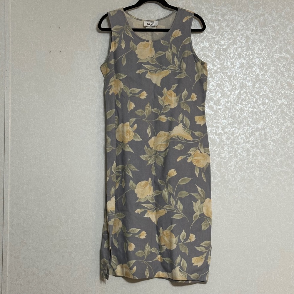 AGB Vintage Grey & Yellow Floral Midi Dress Sleeveless‎ Linen Blend Dress Sz M